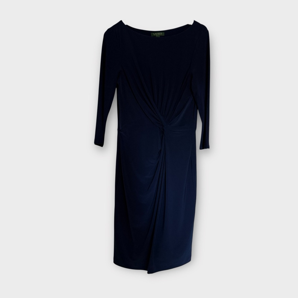 Lauren Ralph Lauren Navy Ruched Knot Front Midi Dress – Size 14